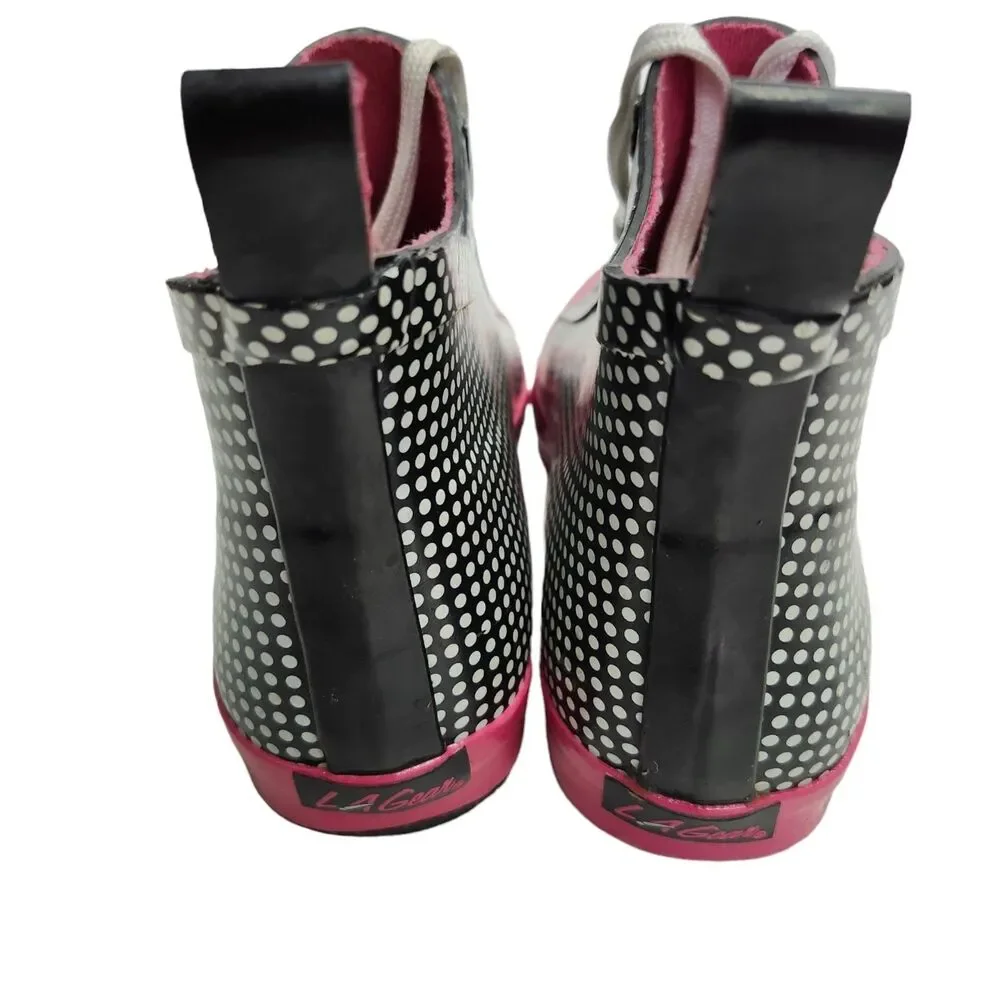 LA Gear High Top Rain Boots Womens 8 Polka Dot Black Pink Rubber Vintage 90s